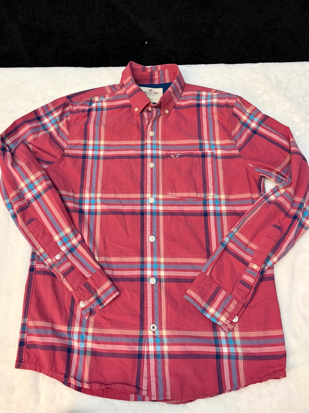 Hollister Men's Coral Red Plaid Button-Down Shirt